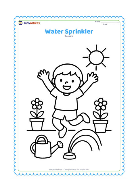 Colouring page: Draw a child jumping through a garden sprinkler with arms raised. Include a watering can, three large water arcs, potted plants, and a sunny sky.