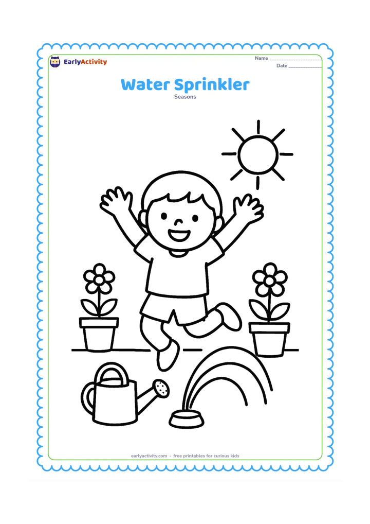 Colouring page: Draw a child jumping through a garden sprinkler with arms raised. Include a watering can, three large water arcs, potted plants, and a sunny sky.