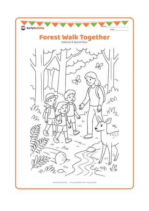 Colouring page: Draw three children walking along a forest trail with an adult, observing a deer at a safe distance. Include tall trees, ferns, a fallen log, butterflies and a small stream.