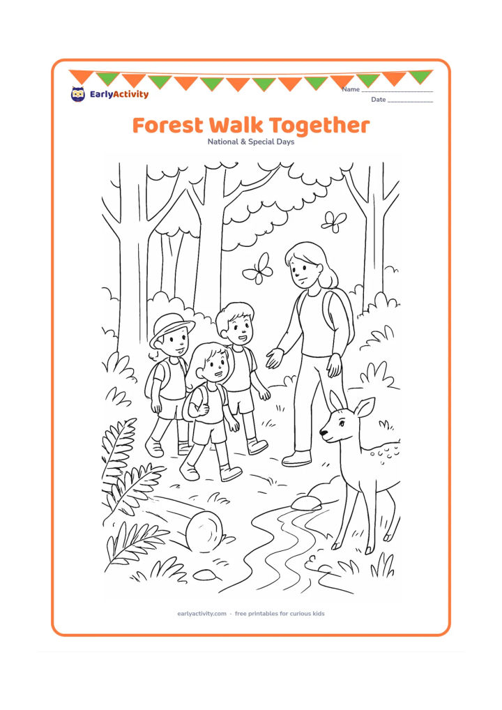 Colouring page: Draw three children walking along a forest trail with an adult, observing a deer at a safe distance. Include tall trees, ferns, a fallen log, butterflies and a small stream.