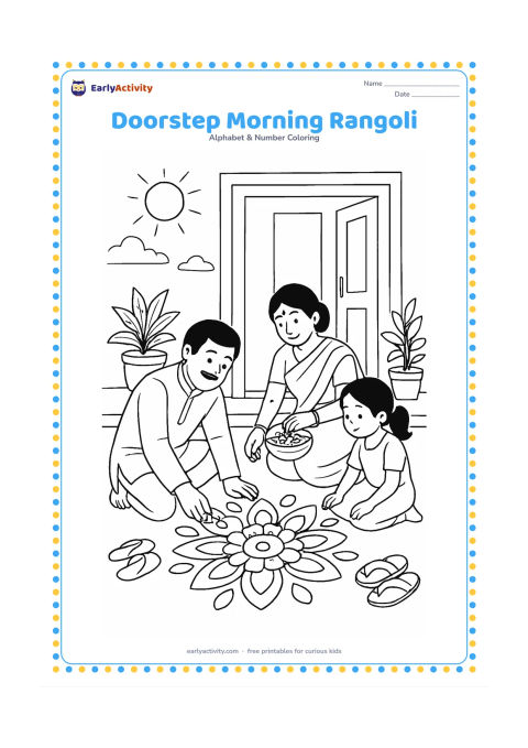 Colouring page: An Indian family makes a floral rangoli outside a home doorway at morning, with one person arranging petals, another holding a small basket and a child watching. Add potted plants,…