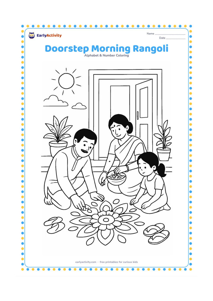 Colouring page: An Indian family makes a floral rangoli outside a home doorway at morning, with one person arranging petals, another holding a small basket and a child watching. Add potted plants,…