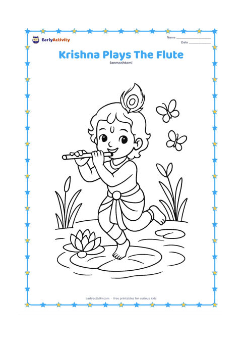 Colouring page: Draw young Krishna standing on one leg while playing a flute, with a peacock feather in his hair. Set him beside a pond with lotus leaves, reeds, and two butterflies.