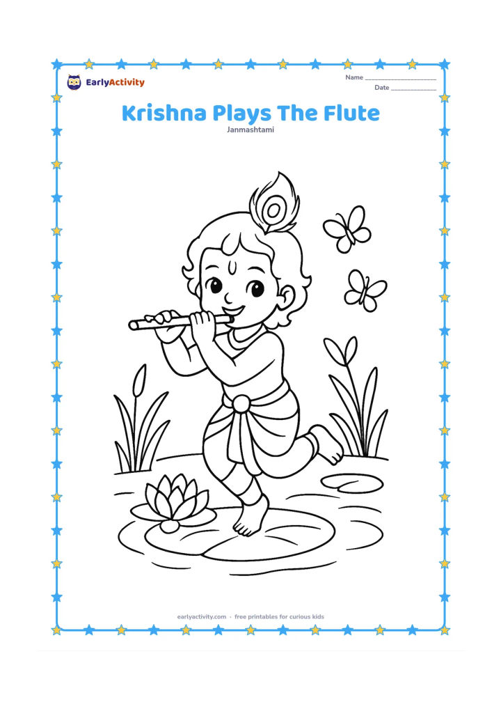 Colouring page: Draw young Krishna standing on one leg while playing a flute, with a peacock feather in his hair. Set him beside a pond with lotus leaves, reeds, and two butterflies.