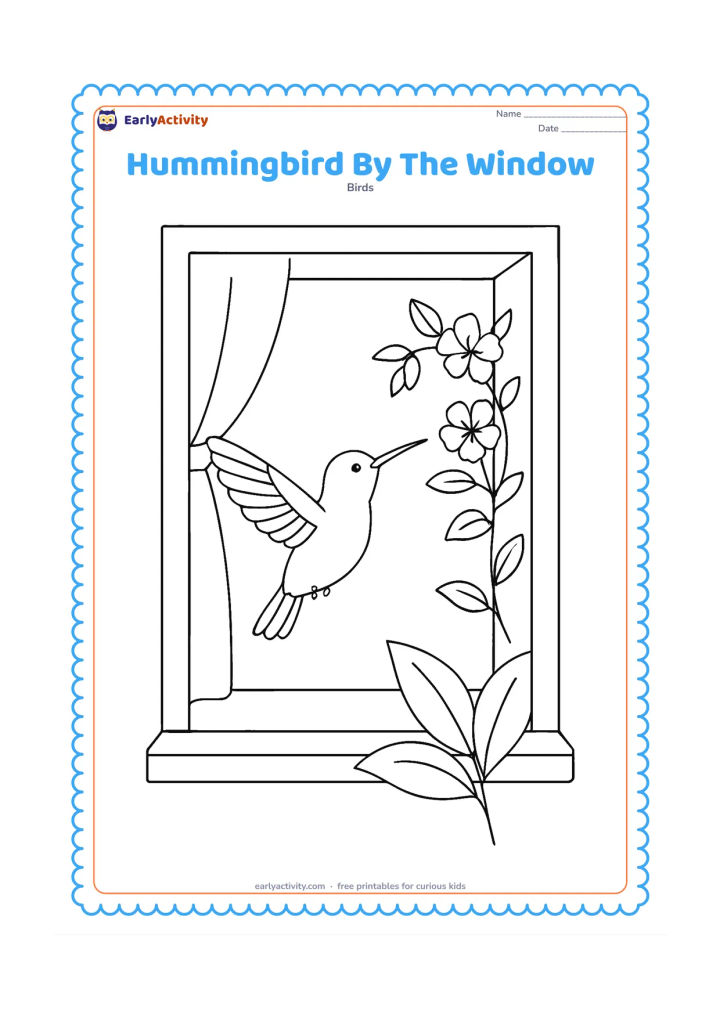 Colouring page: A hummingbird flies outside an open window toward a flowering vine. Show a simple window frame, curtain edge, sill and two indoor plant leaves.