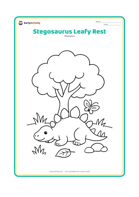 Colouring page: Draw a Stegosaurus resting under a broad leafy tree while a butterfly flies near its back plates. Include grass tufts, a fallen leaf and two rounded rocks.