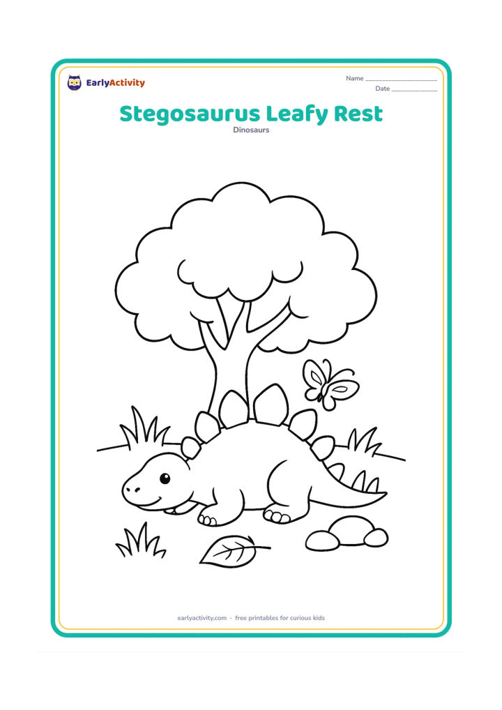 Colouring page: Draw a Stegosaurus resting under a broad leafy tree while a butterfly flies near its back plates. Include grass tufts, a fallen leaf and two rounded rocks.
