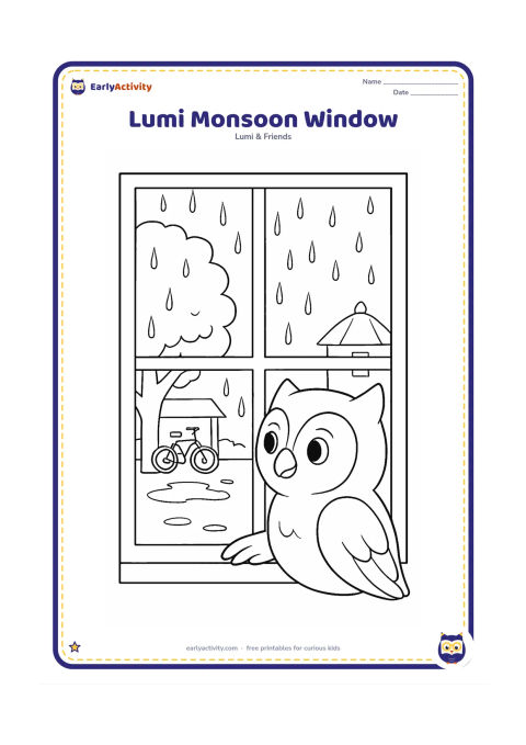 Colouring page: Lumi looks out through a large window at steady rain, with one wing resting on the sill. Outside are a leafy tree, puddles, a covered bicycle and a small Indian-style house roof.