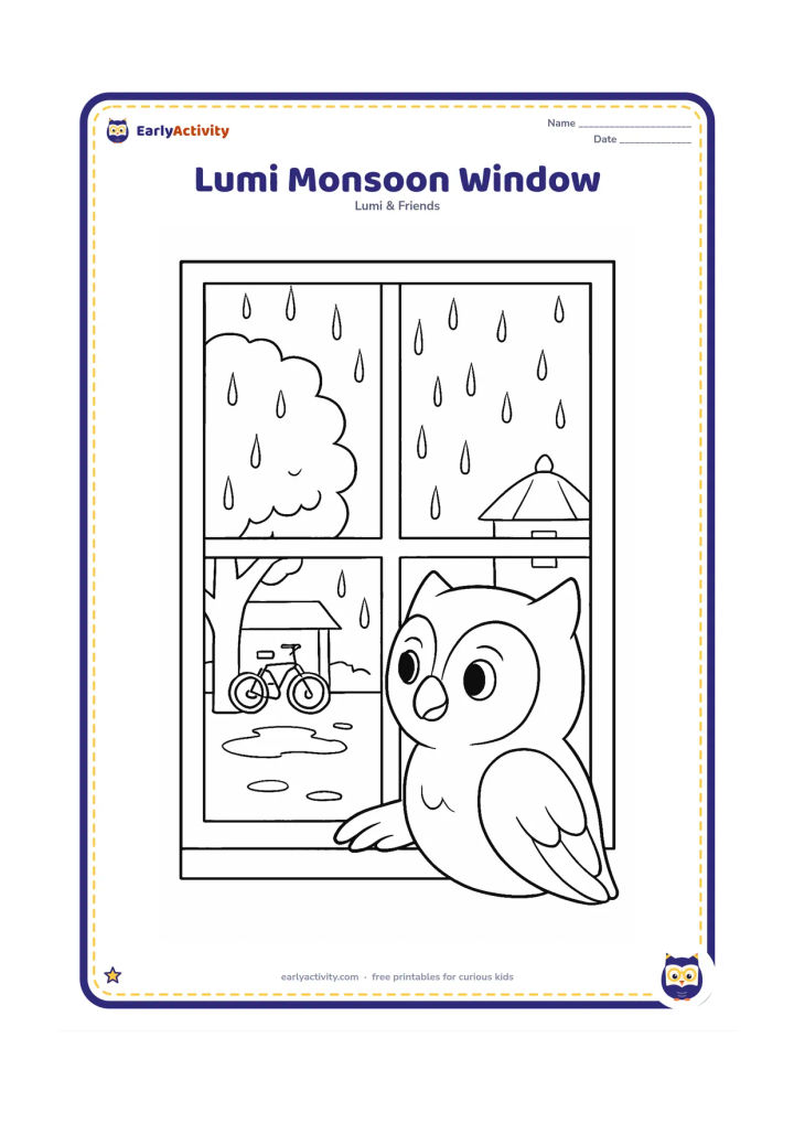 Colouring page: Lumi looks out through a large window at steady rain, with one wing resting on the sill. Outside are a leafy tree, puddles, a covered bicycle and a small Indian-style house roof.