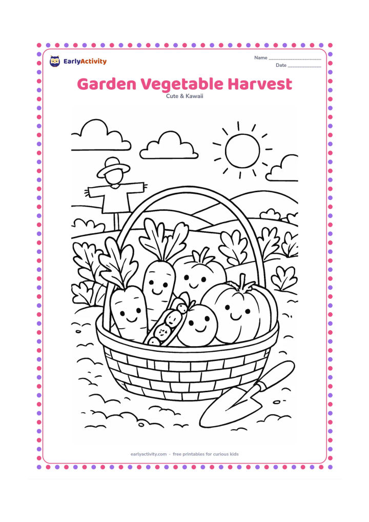 Colouring page: Show smiling carrots, peas, tomatoes and a pumpkin gathered in a garden basket beside a child-sized trowel. Include raised soil rows, leafy plants, a scarecrow without a face, and a…