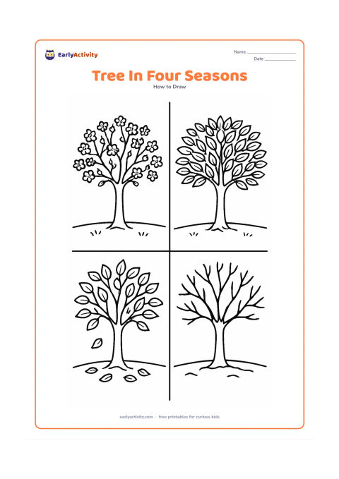 Worksheet: Divide the page into four connected sections showing the same tree through spring blossoms, leafy summer, autumn leaves and bare winter branches, with small ground changes in each section.
