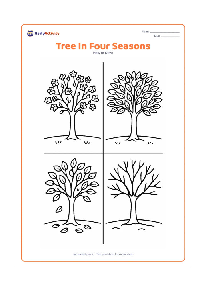 Worksheet: Divide the page into four connected sections showing the same tree through spring blossoms, leafy summer, autumn leaves and bare winter branches, with small ground changes in each section.