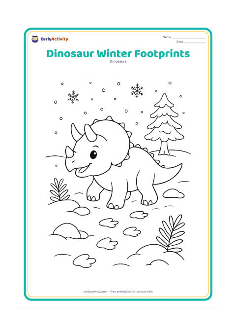 Colouring page: Draw a smiling young Triceratops walking through soft snow, leaving a trail of footprints. Include bare fern shapes, snow-covered rocks, a pine-like prehistoric tree and falling snowflakes.