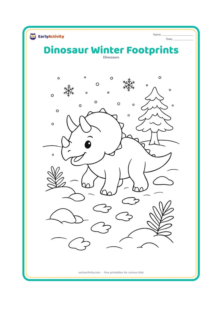 Colouring page: Draw a smiling young Triceratops walking through soft snow, leaving a trail of footprints. Include bare fern shapes, snow-covered rocks, a pine-like prehistoric tree and falling snowflakes.