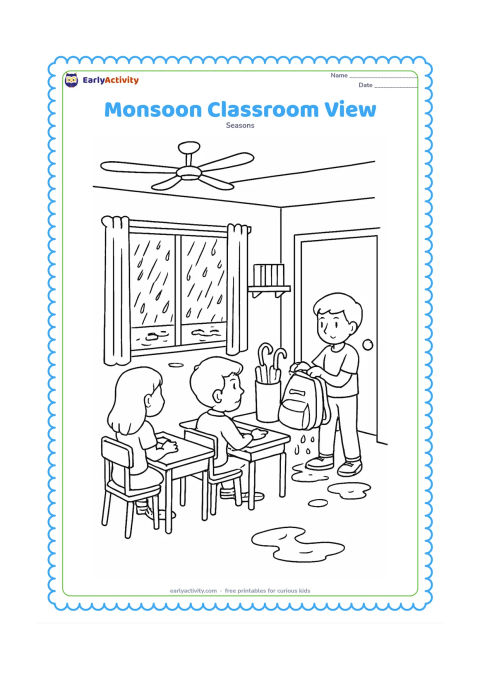 Colouring page: Children sit at desks looking toward a rainy window while one child carefully dries a wet school bag near the door. Include umbrellas in a stand, puddles outside, ceiling fans, a shelf…