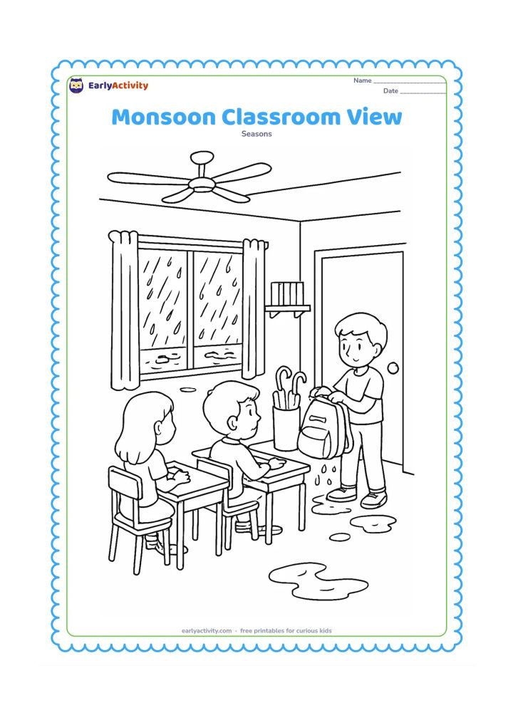 Colouring page: Children sit at desks looking toward a rainy window while one child carefully dries a wet school bag near the door. Include umbrellas in a stand, puddles outside, ceiling fans, a shelf…