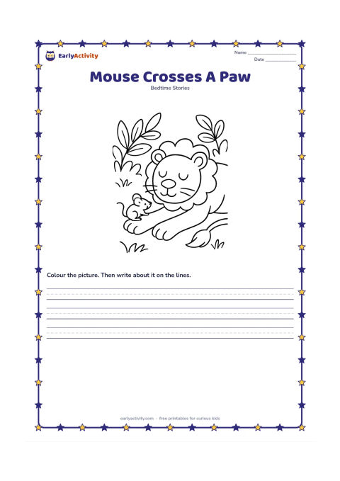 Printable: A little mouse carefully runs across the outstretched paw of a sleeping lion. Place both animals in a simple leafy clearing with the lion's tail resting behind him.