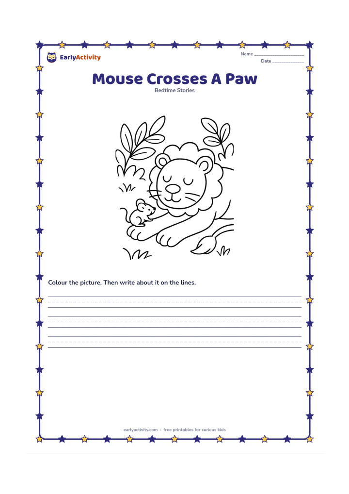 Printable: A little mouse carefully runs across the outstretched paw of a sleeping lion. Place both animals in a simple leafy clearing with the lion's tail resting behind him.