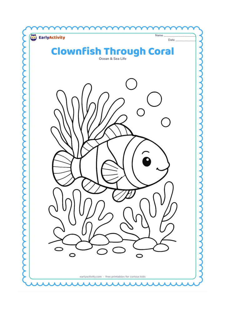 Colouring page: Draw a clownfish weaving between rounded coral branches, with a sea anemone behind it, several bubbles, and a sandy bottom scattered with smooth stones. Use a three-quarter view to show…