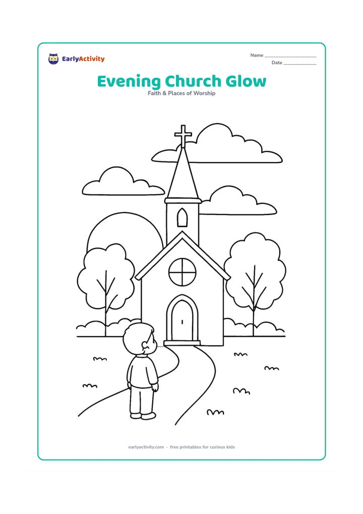 Colouring page: A church at sunset has a glowing round window, a tall steeple with a cross, two trees, a low wall, and a child standing quietly on the path.