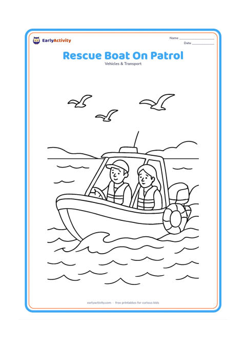 Colouring page: Draw a motorized rescue boat travelling across choppy water with two adults wearing life jackets and a large life ring hanging on the side. Add a low coastline and seabirds.