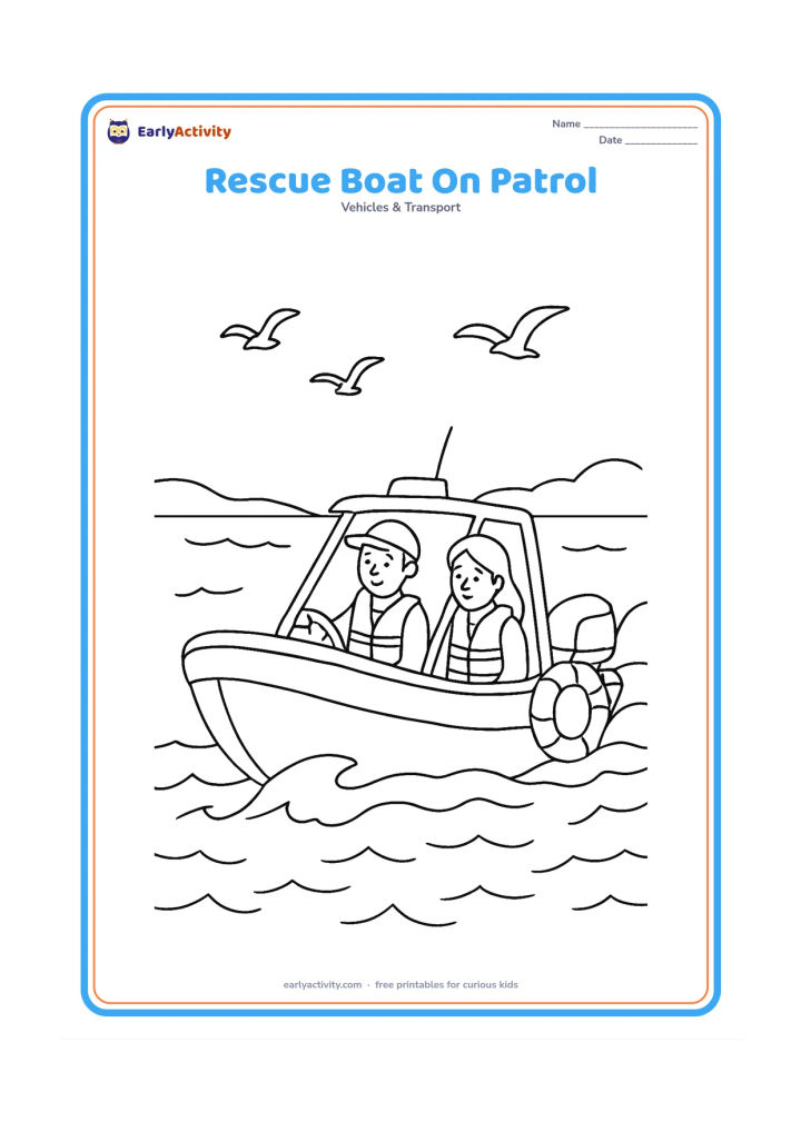Colouring page: Draw a motorized rescue boat travelling across choppy water with two adults wearing life jackets and a large life ring hanging on the side. Add a low coastline and seabirds.
