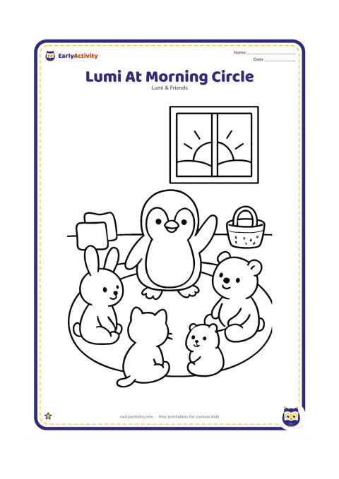 Colouring page: Lumi sits with four young classmates in a circle on a classroom rug, raising one wing as if answering a question. Show a window with a rising sun, cushions and a basket.