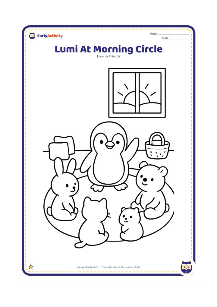 Colouring page: Lumi sits with four young classmates in a circle on a classroom rug, raising one wing as if answering a question. Show a window with a rising sun, cushions and a basket.