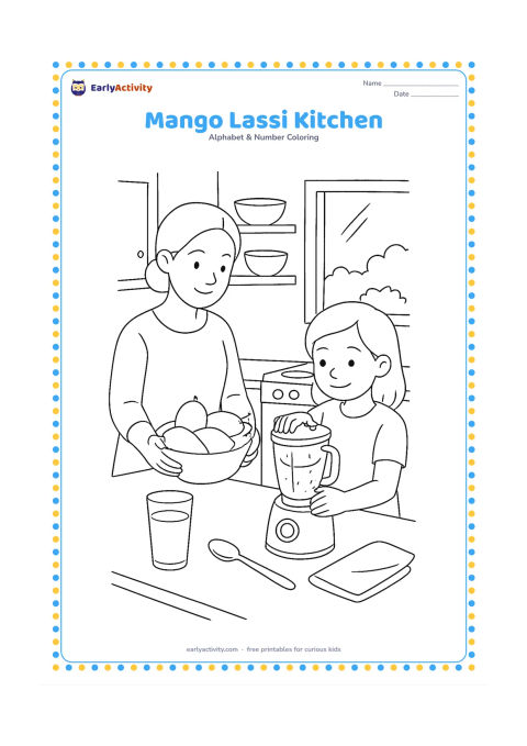 Colouring page: Draw an Indian kitchen scene with a child blending mango lassi, a parent placing mangoes in a bowl and a table holding a glass, spoon and cloth. Show shelves with plain bowls and a…