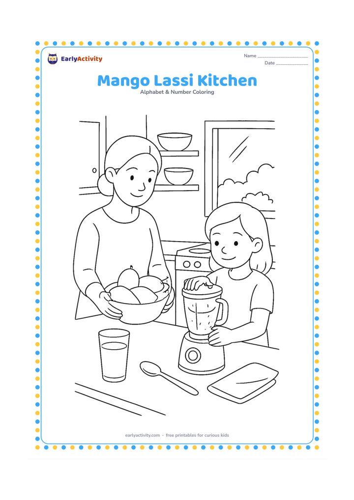Colouring page: Draw an Indian kitchen scene with a child blending mango lassi, a parent placing mangoes in a bowl and a table holding a glass, spoon and cloth. Show shelves with plain bowls and a…