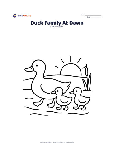 Worksheet: Draw one adult duck leading two smaller ducklings across a pond at sunrise, with clear bills, feet and rounded bodies. Add a low sun, two reeds and gentle wide water ripples while…