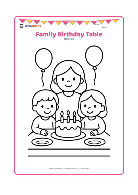 Colouring page: Two children and one adult sit behind a small table holding a cake with candles, while two balloons float above them. Show simple smiles, hands and a few plates.