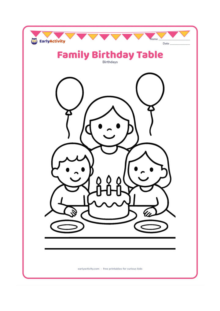 Colouring page: Two children and one adult sit behind a small table holding a cake with candles, while two balloons float above them. Show simple smiles, hands and a few plates.