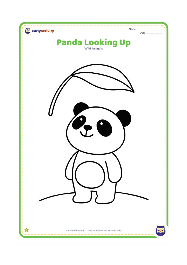 Colouring page: Draw a standing panda looking upward toward one oversized bamboo leaf hanging above its head. Include a simple curved ground line.