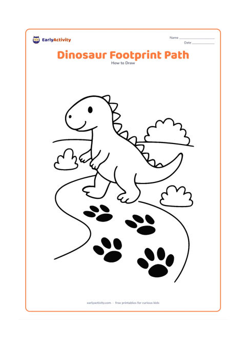Worksheet: Show a friendly dinosaur walking away along a path of large three-toed footprints, with the body, tail, and rear legs introduced in easy stages. Add two bushes and a curved path leading…