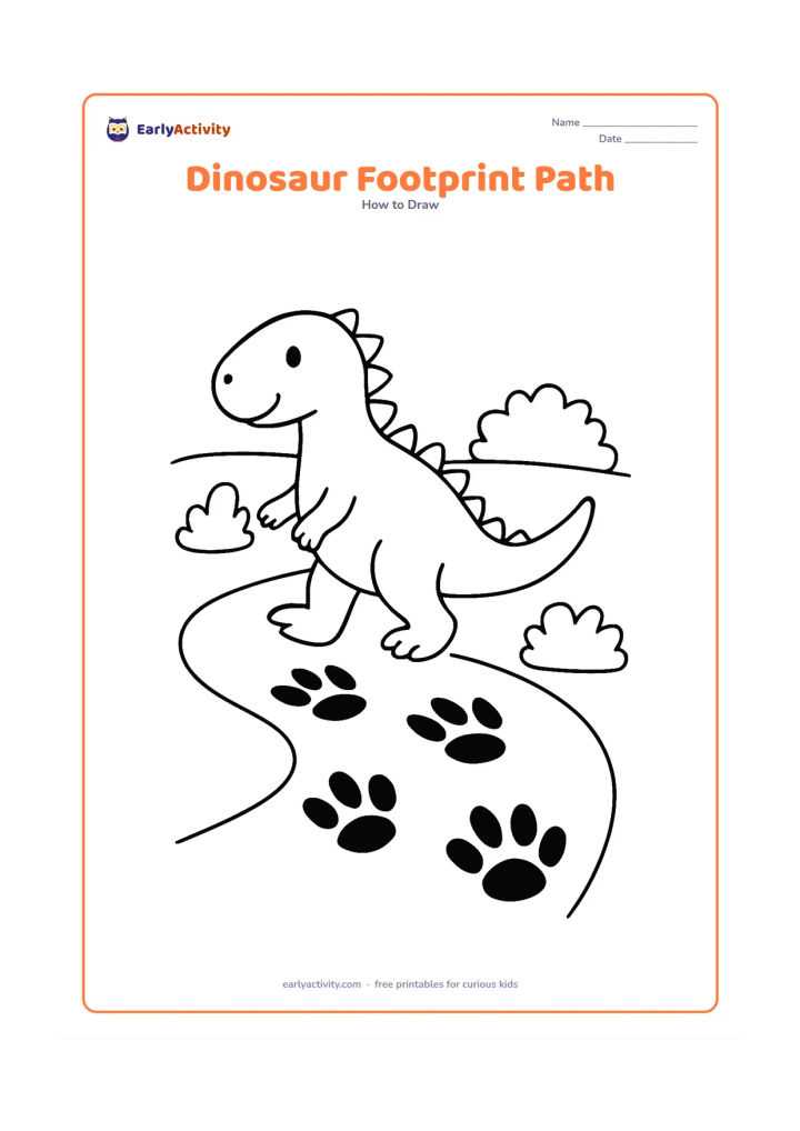 Worksheet: Show a friendly dinosaur walking away along a path of large three-toed footprints, with the body, tail, and rear legs introduced in easy stages. Add two bushes and a curved path leading…