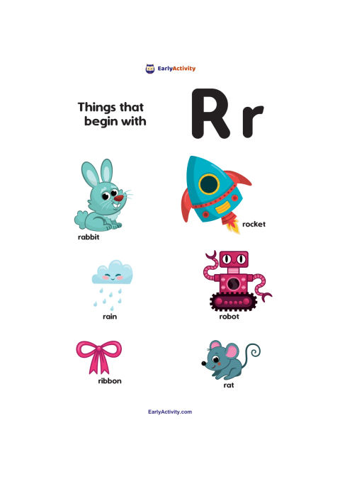 Worksheet showing the letters R and r with pictures labelled rabbit, rocket, rain, robot, ribbon and rat.