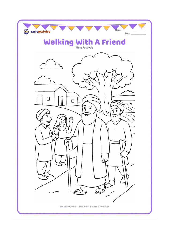 Colouring page: Draw Guru Nanak Dev Ji walking along a village path with a companion, both carrying simple walking staffs, while two villagers greet them. Include mud-brick homes, a banyan tree and…