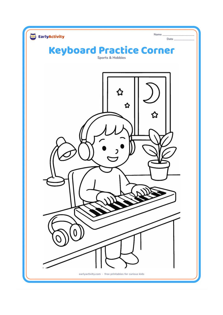 Colouring page: A child practises on an electronic keyboard at a home desk with headphones nearby. Add a small lamp, chair, potted plant and evening moon visible through the window.