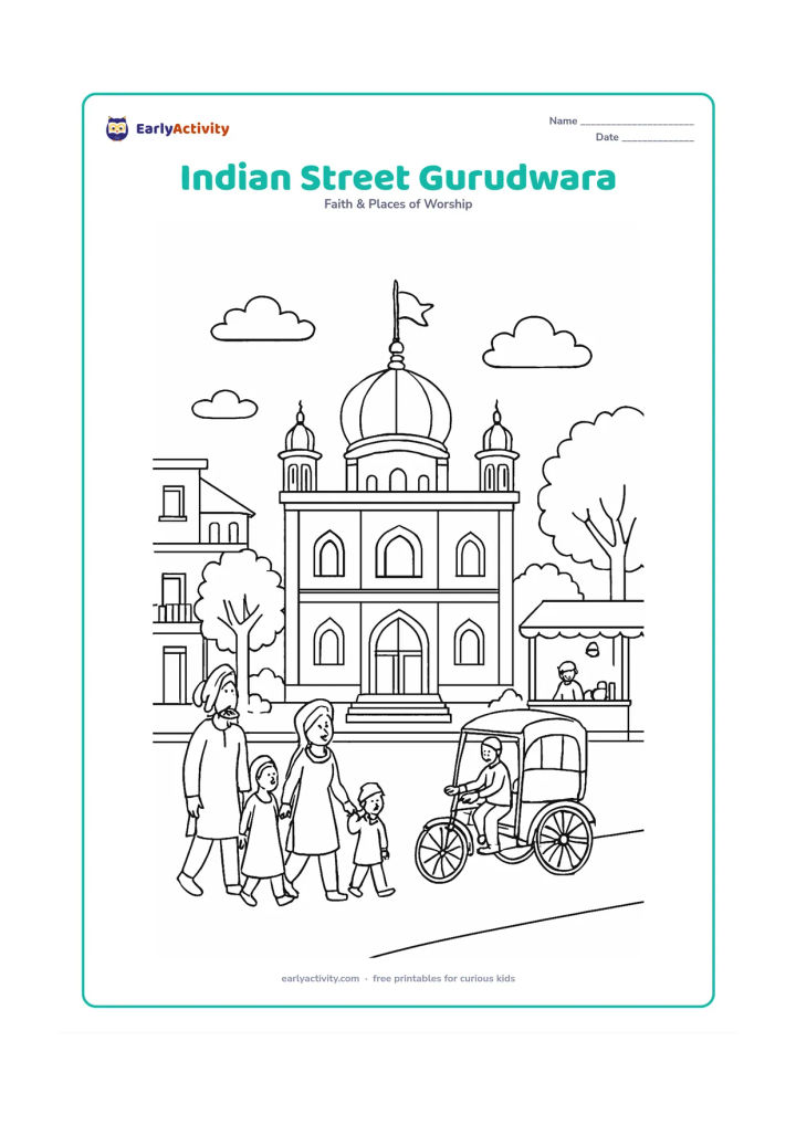 Colouring page: Show a gurudwara on an Indian neighbourhood street, with families arriving, a cycle rickshaw passing respectfully, a tea stall set away from the entrance, trees, balconies and the flag…