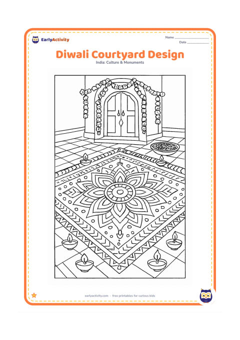 Colouring page: Show an elaborate Diwali rangoli spreading across a courtyard, with mirrored lotus sections, many dots, geometric bands and small oil lamps around the border. Include a decorated…