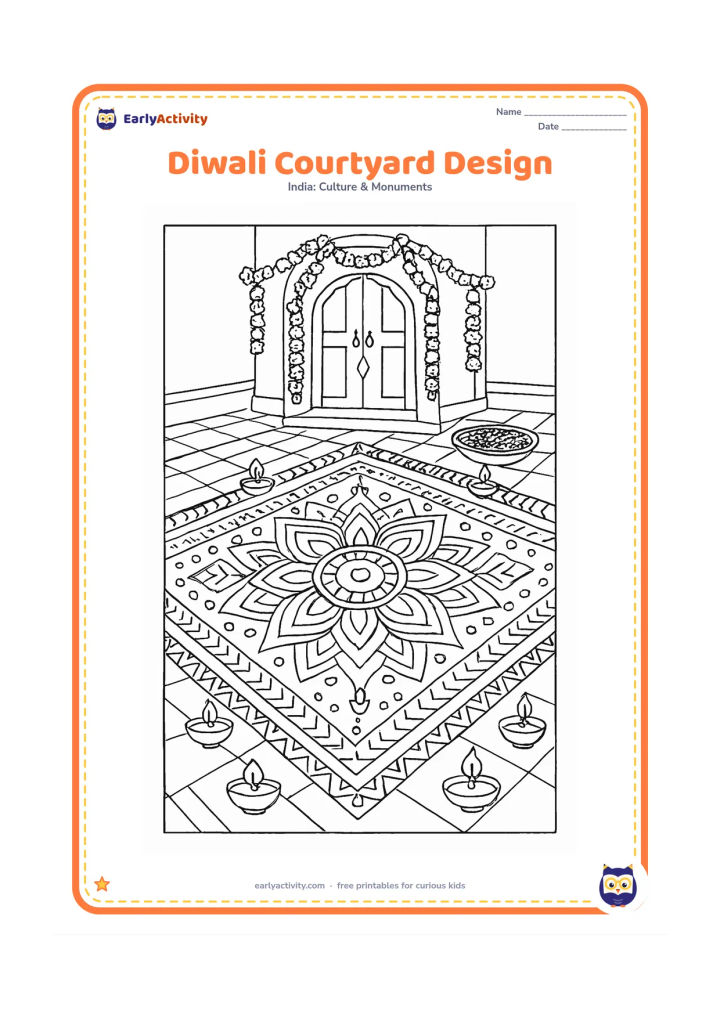 Colouring page: Show an elaborate Diwali rangoli spreading across a courtyard, with mirrored lotus sections, many dots, geometric bands and small oil lamps around the border. Include a decorated…