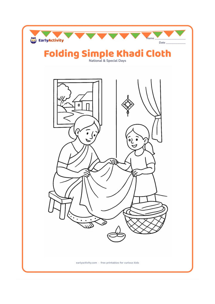 Colouring page: Show an adult and child folding plain handwoven cloth together inside an Indian home. Include a low wooden stool, a basket of folded fabric, a clay lamp and an open window looking onto a…