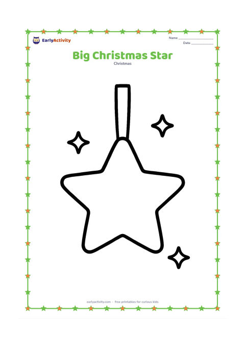 Colouring page: Draw one large five-pointed star hanging from a short ribbon, with a few small sparkle shapes around it and plenty of open space.