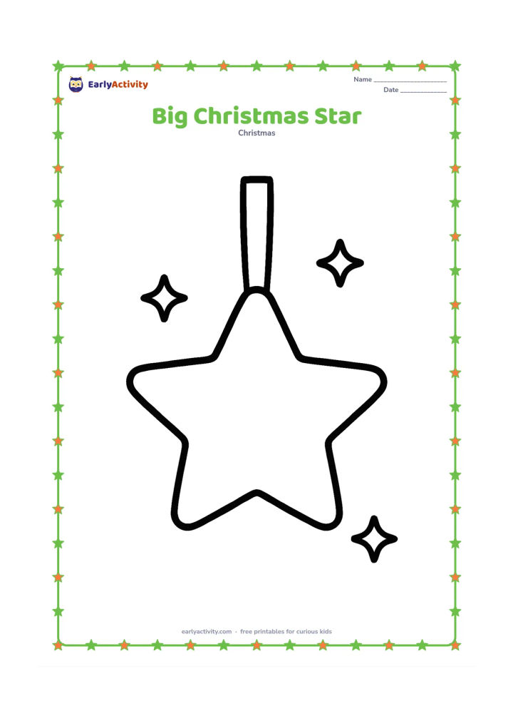 Colouring page: Draw one large five-pointed star hanging from a short ribbon, with a few small sparkle shapes around it and plenty of open space.