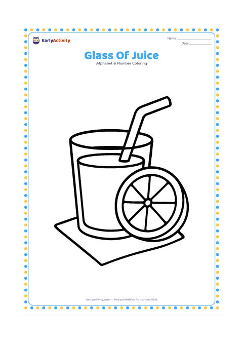 Colouring page: Draw a wide glass filled with juice, with a chunky straw and one large fruit slice beside it. Add a simple napkin underneath.