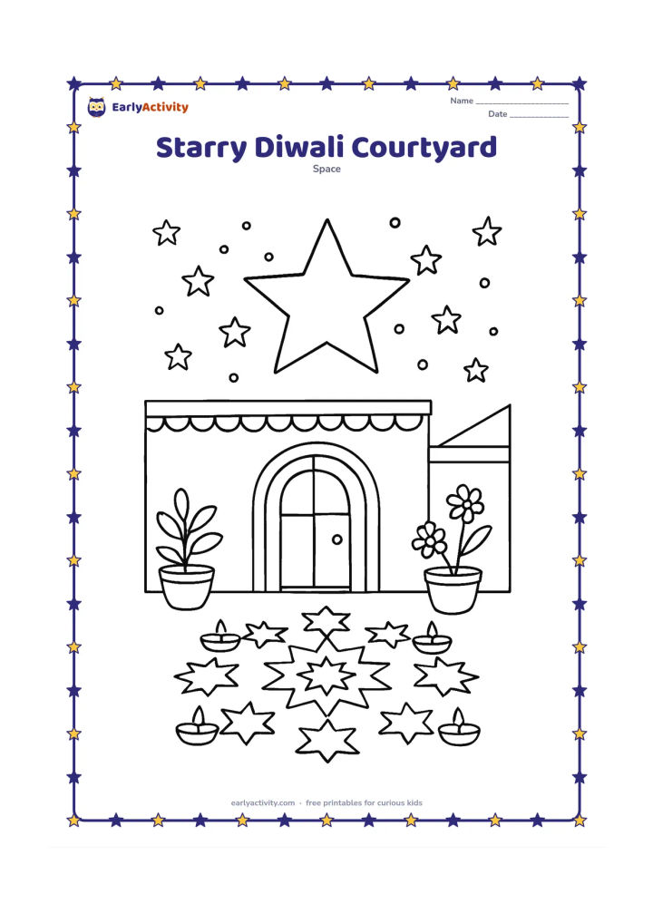 Colouring page: A large central star hangs in a night sky above an Indian courtyard with a doorway, flower pots and a rangoli made from repeated star shapes. Place small unlit oil lamps around the…
