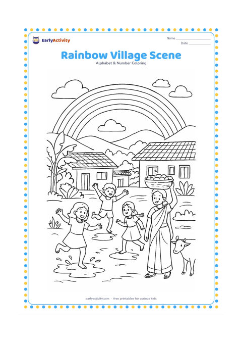 Colouring page: Draw a rainbow over an Indian village after rain, with children jumping around puddles, a woman carrying a basket, tiled-roof homes, banana plants, a cow and distant hills. Arrange the…