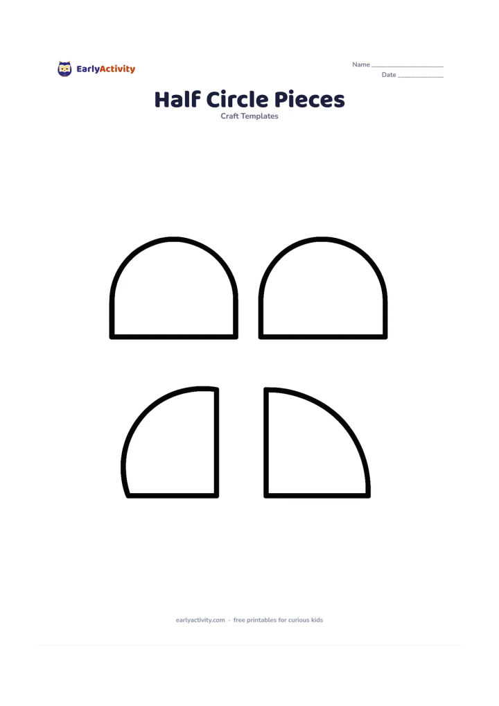Worksheet: Show four large semicircle outlines arranged as separate craft pieces: two with flat edges down and two with flat edges sideways. Include no faces or extra details.