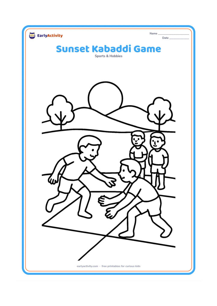 Colouring page: A raider stretches toward a defender during an outdoor game at sunset, with low hills, a few trees and a large sun behind the court. Show two teammates watching from their half.